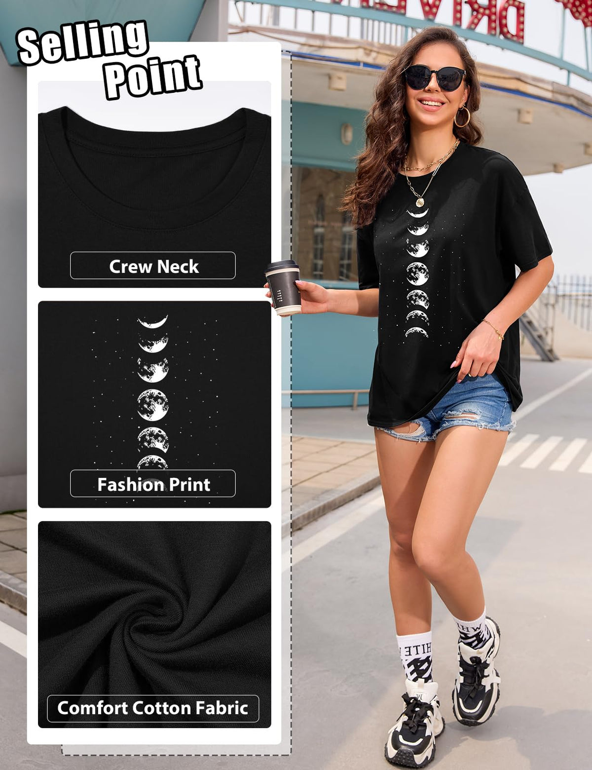 Lonya T Shirt Damen Oversized Vintage Rundhals Kurzarm 80er Jahre Brief Gedruckt Schleife Blumen Sonne Mond Muster Sommer Bluse Baumwolle Oberteile Tops Retro 80s Casual Lockere Basic Tee Shirt