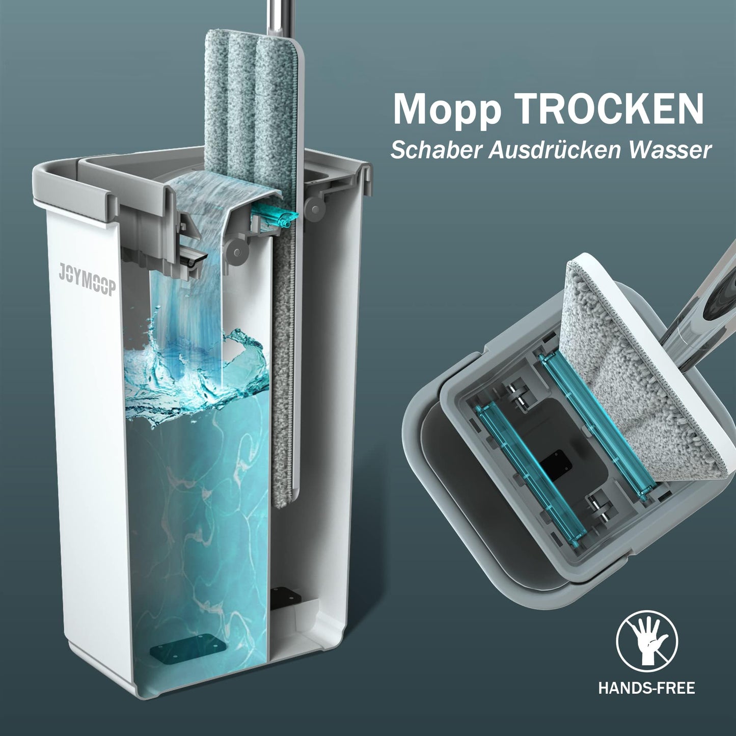 JOYMOOP Mop und Eimer mit Wringer Set, Hands Free Flat Floor Mop und Eimer, mit 5 waschbaren Mikrofaserpads, Nass- und Trockeneinsatz, Bodenreinigungssystem