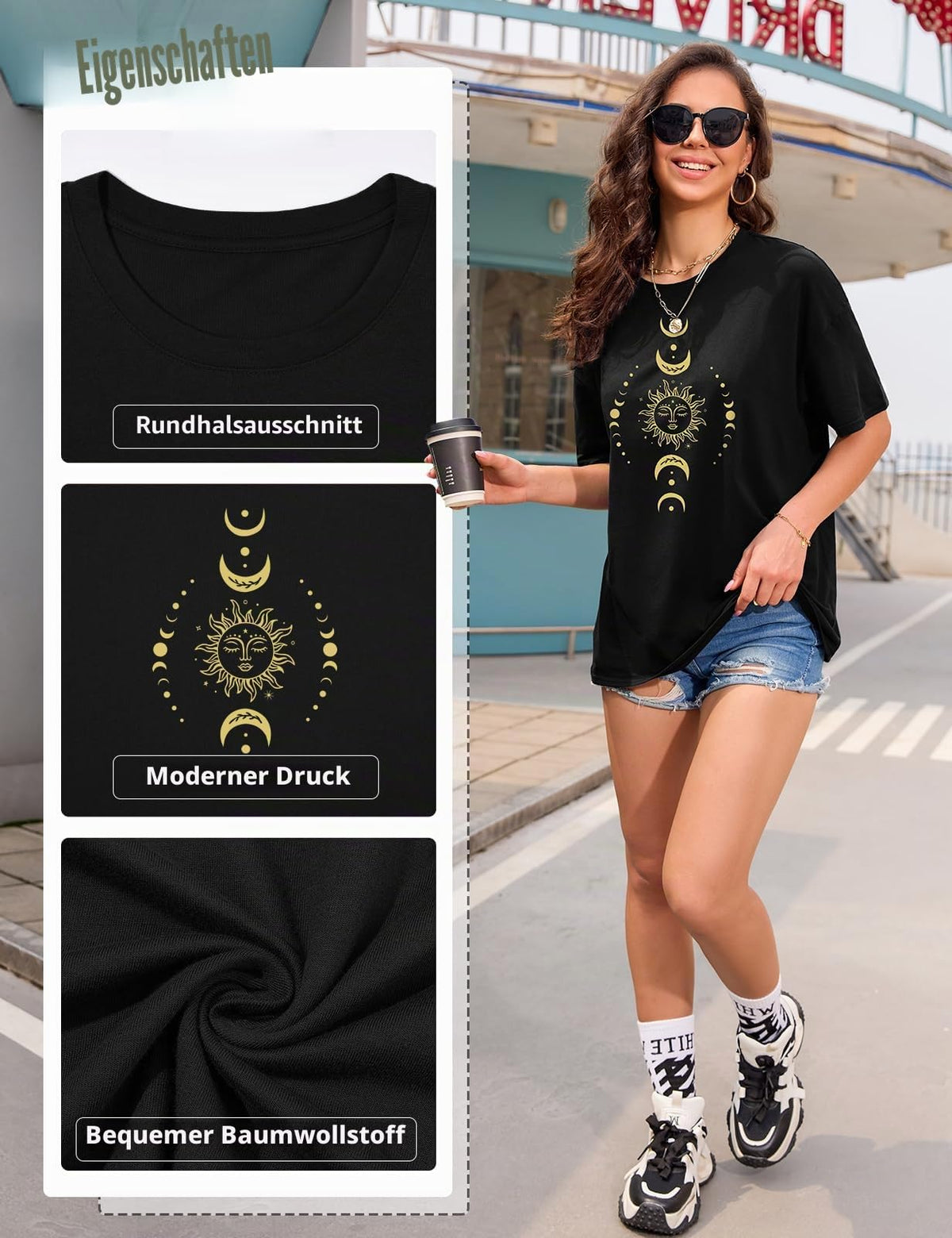 Lonya T Shirt Damen Oversized Vintage Rundhals Kurzarm 80er Jahre Brief Gedruckt Schleife Blumen Sonne Mond Muster Sommer Bluse Baumwolle Oberteile Tops Retro 80s Casual Lockere Basic Tee Shirt