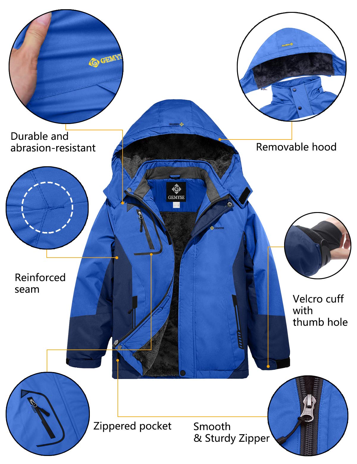 Gemyse Boys' Waterproof Ski Jacket, Windproof Fleece Jacket, Outdoor Winter Jacket, Rain Jacket with Hood