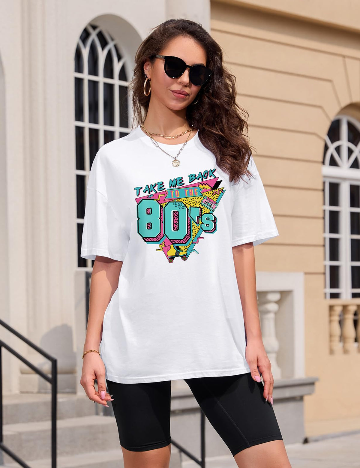 Lonya T Shirt Damen Oversized Vintage Rundhals Kurzarm 80er Jahre Brief Gedruckt Schleife Blumen Sonne Mond Muster Sommer Bluse Baumwolle Oberteile Tops Retro 80s Casual Lockere Basic Tee Shirt