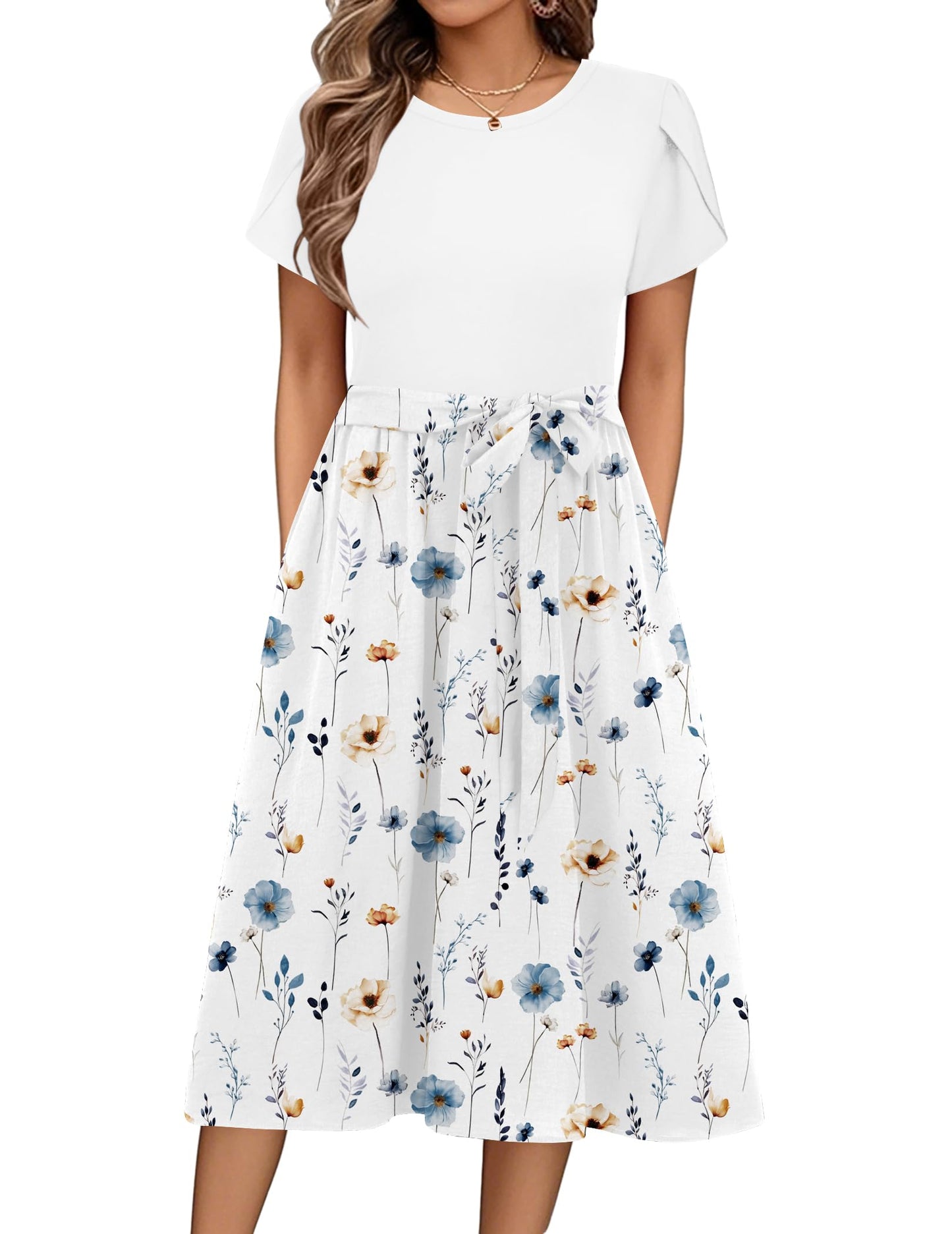 ZEAGOO Sommerkleid Damen Elegant Kleider Kurzarm Rundhals Midikleid A-Linie Blumenkleid Casual Tunika Kleid Hohe Taille Strandkleid mit Taschen S-XXL