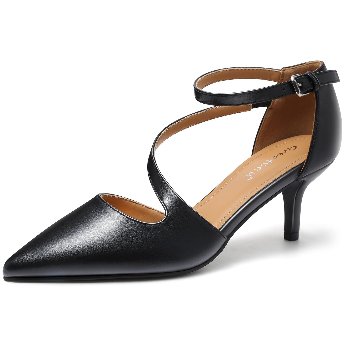 Greatonu Women's Pointed Toe Court Shoes with Ankle Strap and Kitten Heel