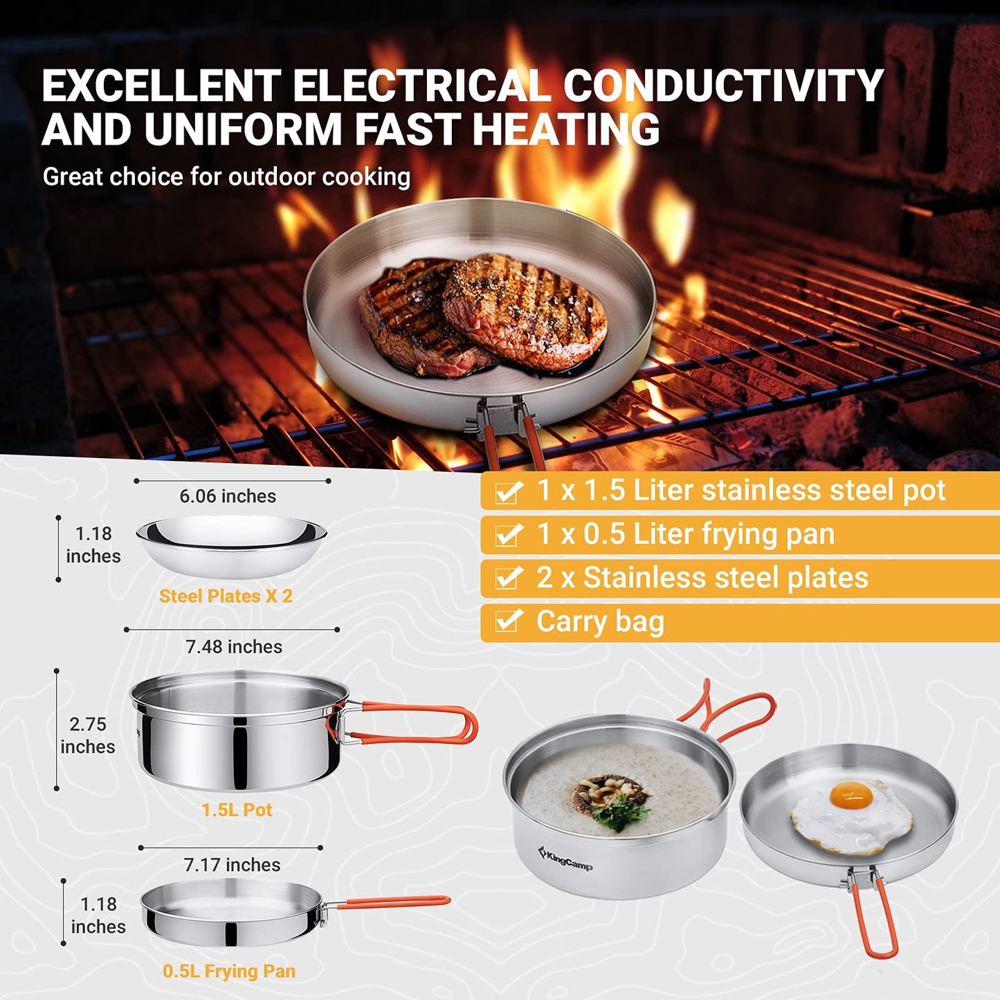 KingCamp Camping Geschirr Set 2-4 Personen I Camping Kochgeschirr aus Edelstahl I Camping Töpfe mit Faltbare Besteck I Ultraleicht Camping Topf Pfanne Set für Campingkocher