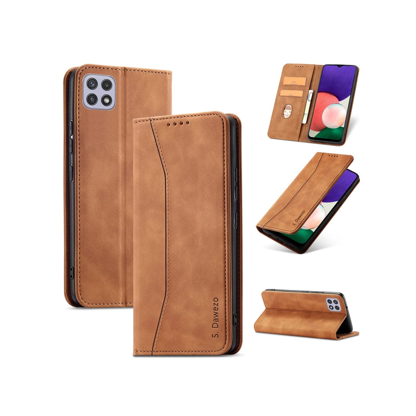 S. Dawezo Hülle für Samsung Galaxy S22 Plus, Premium Leder magnetische Handyhülle mit Ständer, Kartenfach und Brieftasche, Shock Absorbing, kompatibel mit Samsung S22 Plus-Kaffee