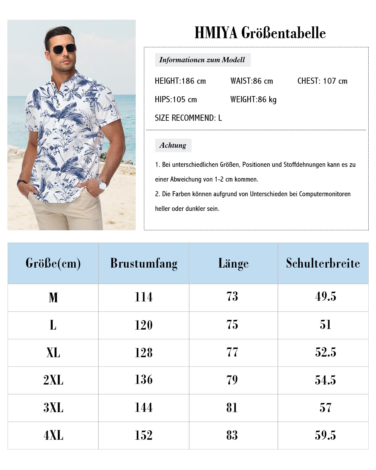 HMIYA Herren Sommerhemd Baumwolle Leinen Kurzarm Hemd Herren Henley-Kragen Lässiges Regular Fit Shirts