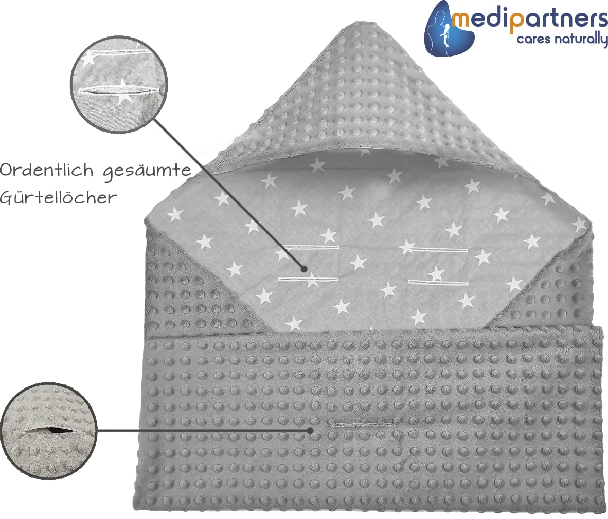 Medi Partners Einschlagdecke Baby Babyschale 100% Baumwolle für Sommer 85x85cm Kinderwagen Kuscheldecke universal Baby Decke Einschlagdecken Babydecke Buggy Autositz (weiße Sterne mit grauen Minky