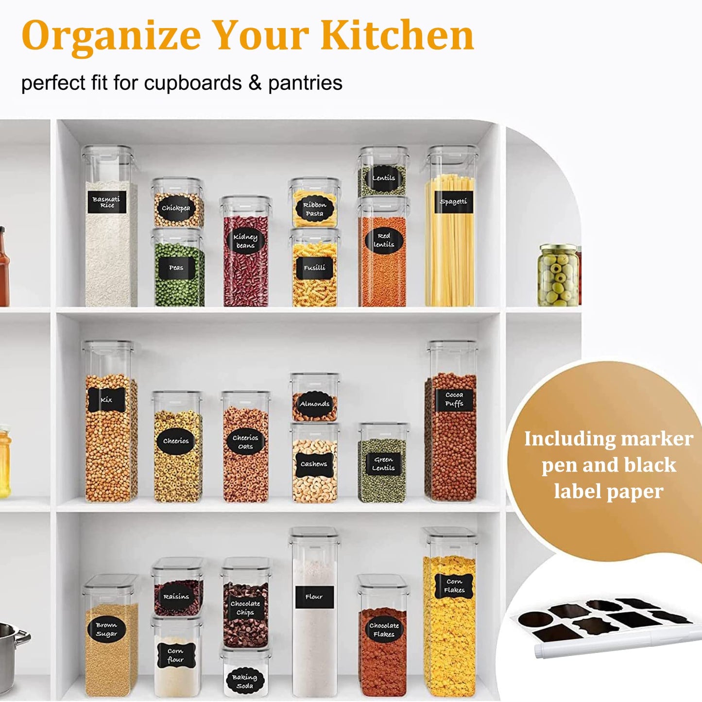 stusgo 24 Airtight Food Storage Containers with Lids Plastic Containers for Kitchen and Organization Cereal Flour and Sugar BPA Free Includes Spoon, Labels and a Pen