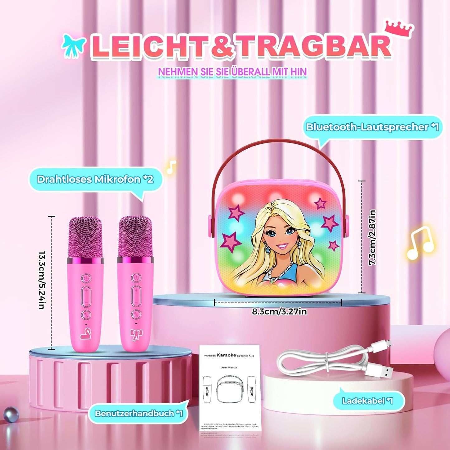 Karaoke Machine with 2 Bluetooth Microphones, Children's Unicorn Christmas Gifts Toy for Girls 3-12 Years, Portable Karaoke Microphone Set with DSP and LED Lights