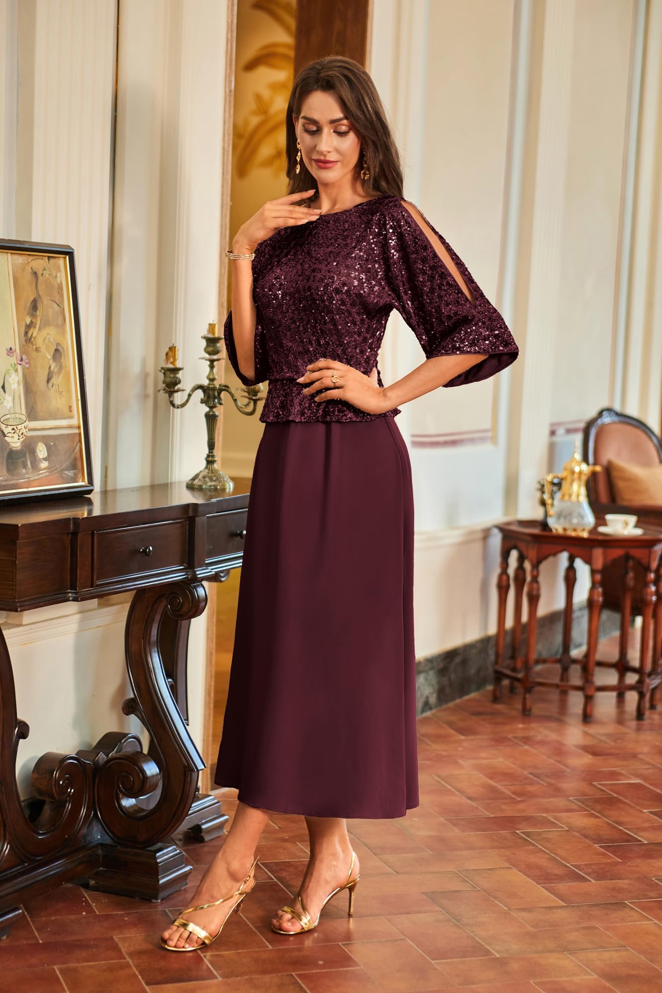 GRACE KARIN Cocktailkleid Damen Elegant Fledermaus Kleid 3/4 Ärmel A-Linie Glitzer Kleid Party Maxikleid