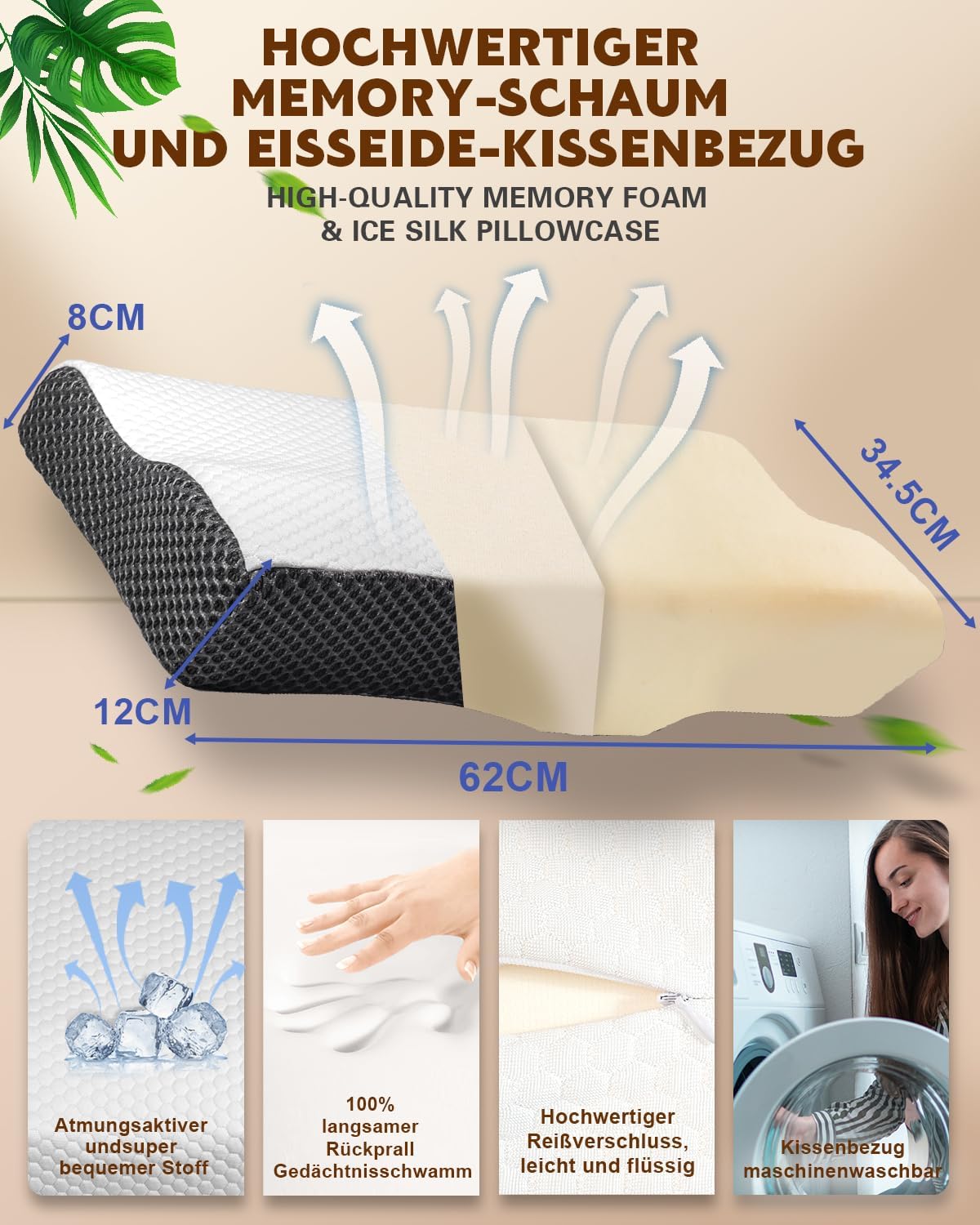 IDEA Kopfkissen Nackenschmerzen, Ergonomisches Orthopädisches Kissen Nackenkissen, Memory Foam Kissen für Seiten, Rücken& Bauchschläfer, Antischnarchkissen für Männer Frauen (62 * 34.5 * 12/8CM)