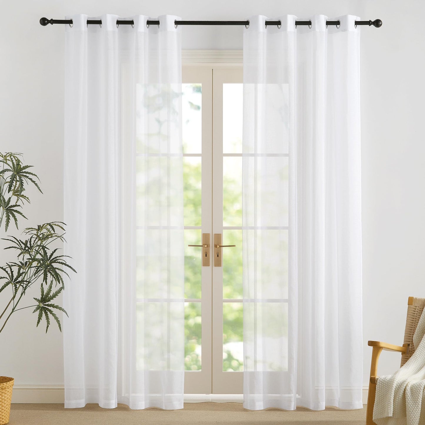 PONY DANCE Voile Gardinen Weiss Transparent Ösenvorhang 2er Set H 160 x B 140 cm Wohnzimmer Gardinen Kurz Durchlässige Vorhänge Weiß Vorhang Leinenoptik Schlafzimmer