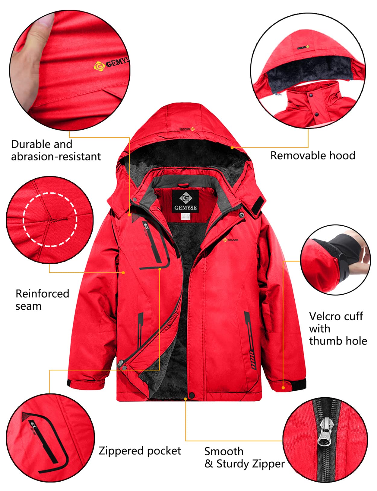 Gemyse Boys' Waterproof Ski Jacket, Windproof Fleece Jacket, Outdoor Winter Jacket, Rain Jacket with Hood