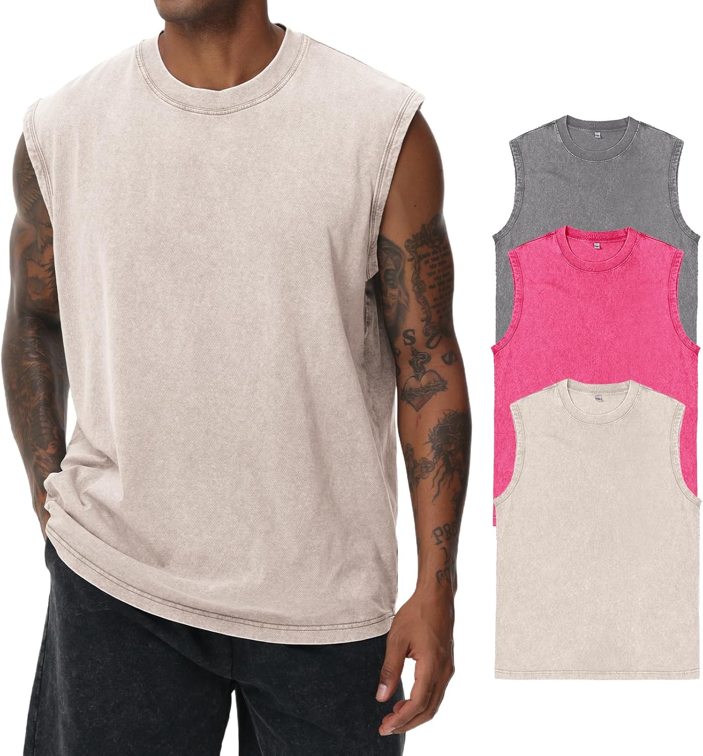Herren Kurzarm Sommer Ärmelloses Shirt, Männer Fitness ärmellos Weste, Washed Sleeveless t-Shirt, Workout, Fitnessstudio, Baumwolle