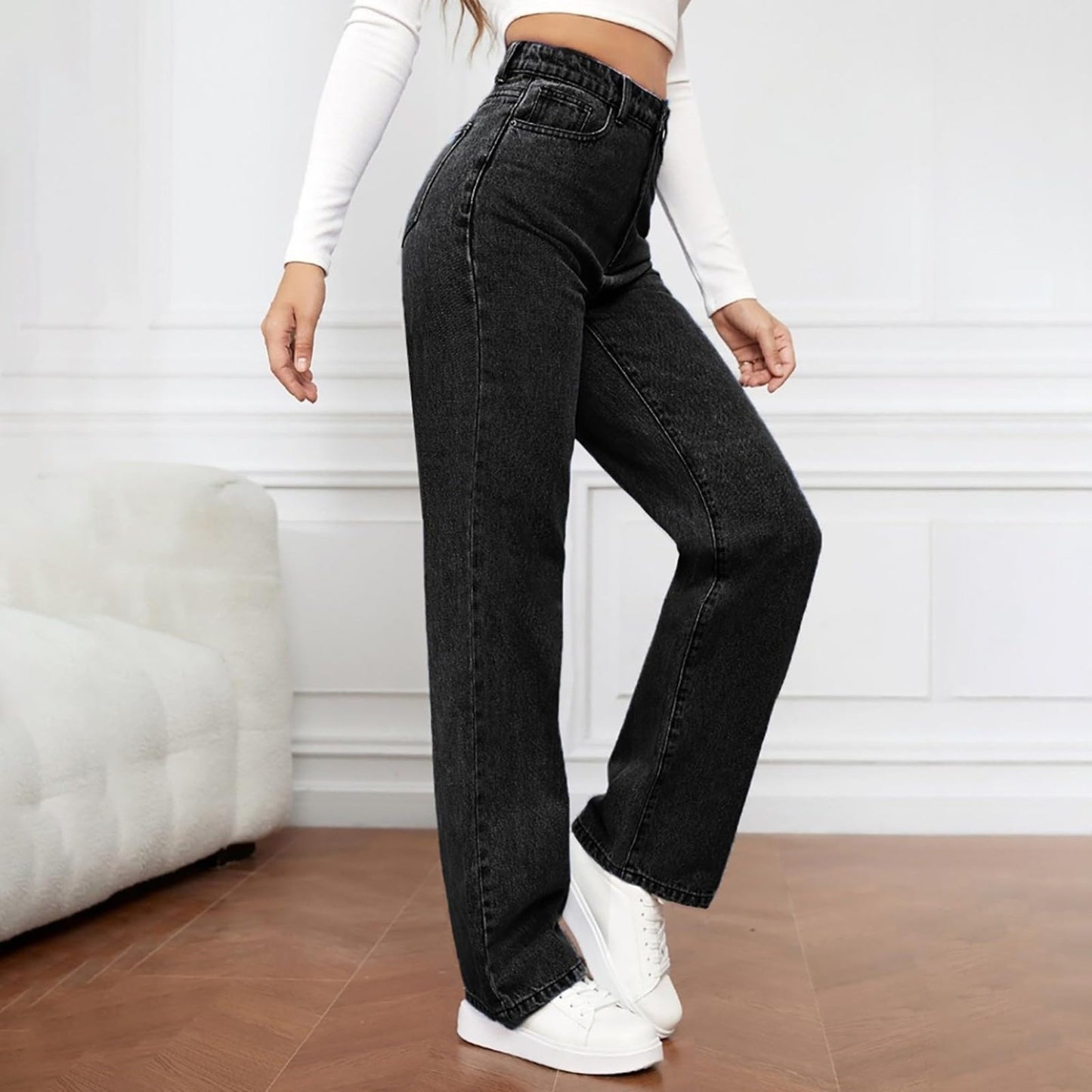 Generisch Baggy Jeans Damen - High Waist Stretch Weites Bein Hose Wide Leg Jeanshose Straight Fit Jeans Tailliert Lang Hosen Y2K Vintage Freiziethose Lockere Gerade Damenjeans