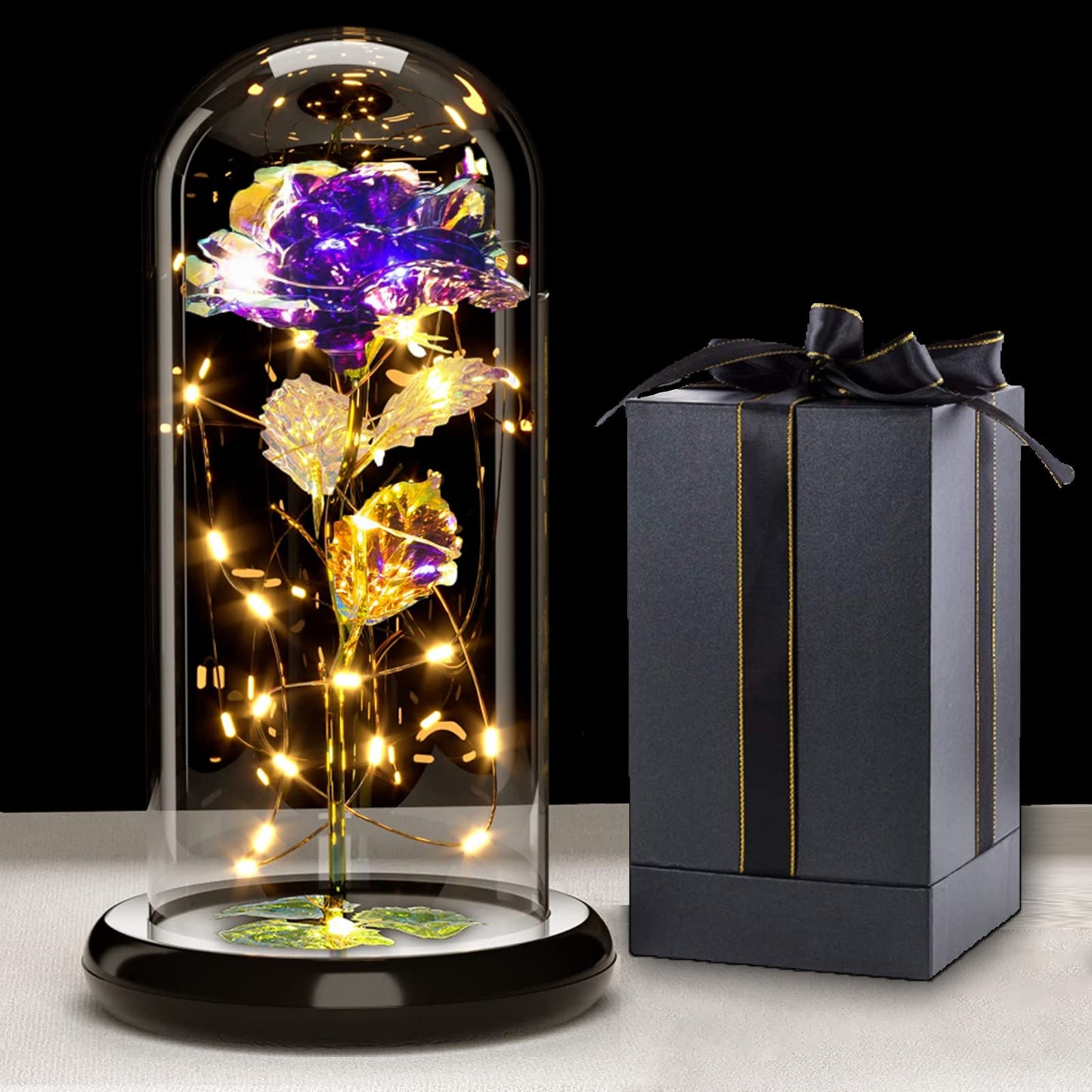 Touloube Geschenke Für Frauen, Galaxy Rose Blume Geschenk, Infinity Rose in Glaskuppel, LED-Lichterkette auf der Kristallrose, Geschenk für Frauen,Hochzeit,Muttertag,Jahrestag und Geburtstag