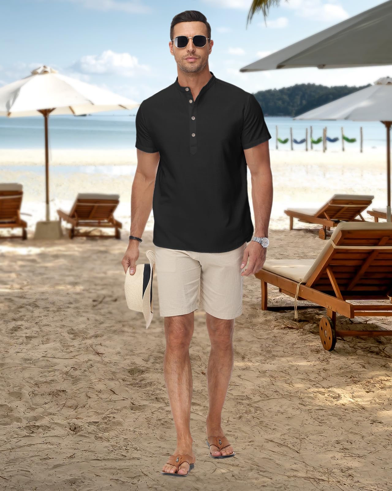 HMIYA Herren Sommerhemd Baumwolle Leinen Kurzarm Hemd Herren Henley-Kragen Lässiges Regular Fit Shirts