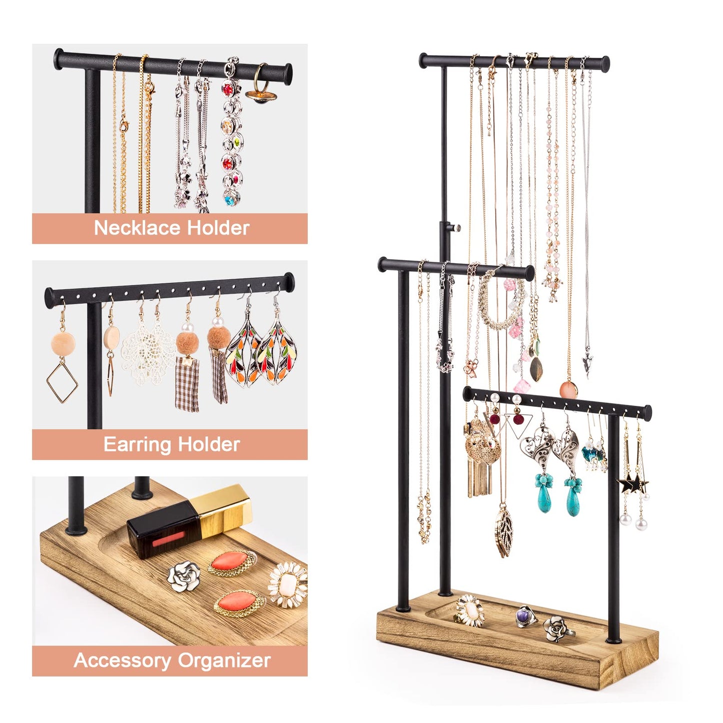 SRIWATANA Schmuckständer Holz Schmuckhalter Kettenhalter 3 Stäbe Drehbar (51cm) Schmuckbaum Schmuckaufbewahrung für Ketten Ohrringen Ringen Uhren und Armbändern