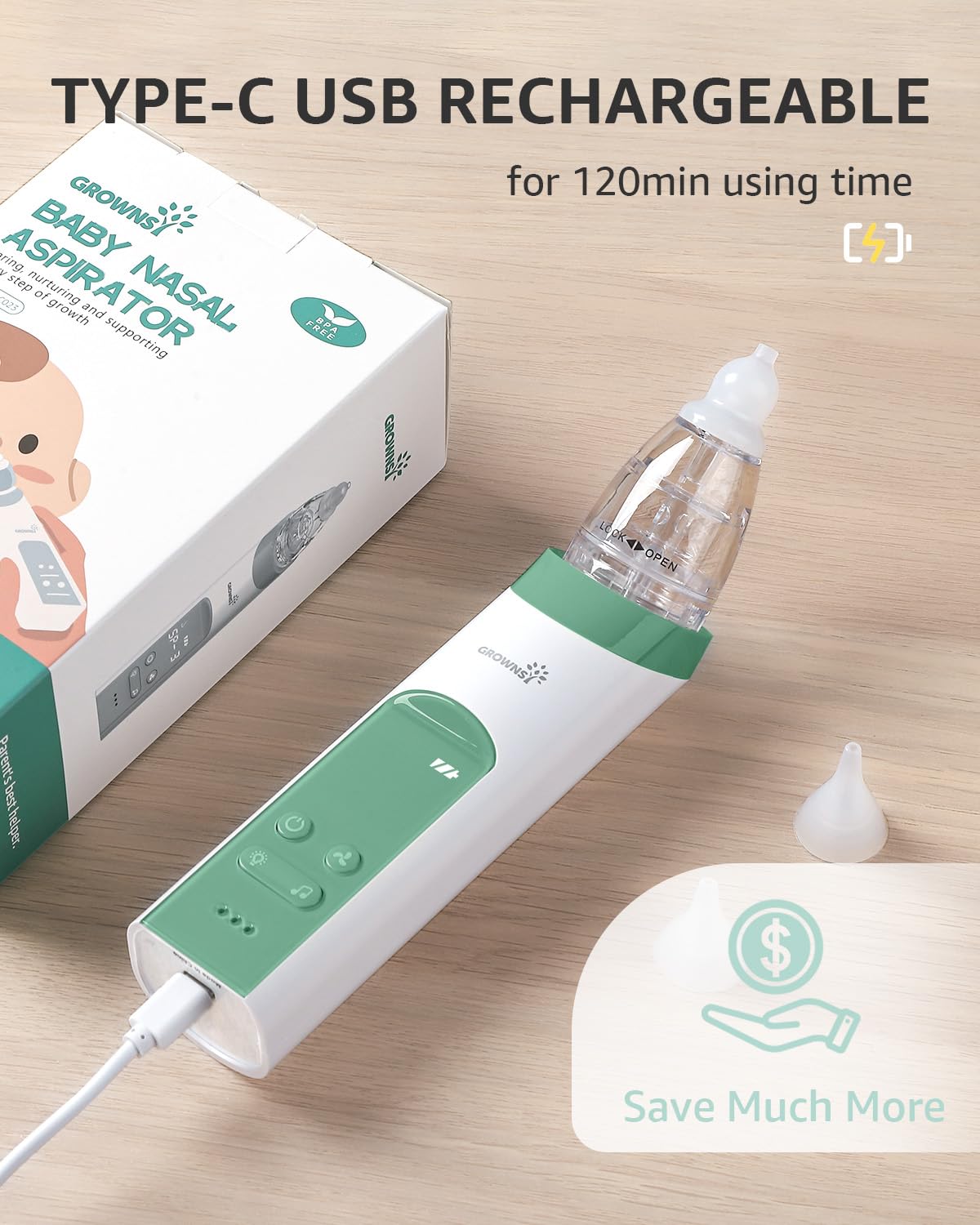 GROWNSY Nasensauger Baby | Nasensauger Baby Elektrisch| Nasensauger Baby Staubsauger Wiederaufladbar, Mit 3 SaugstäRken Musik & Licht Beruhigender Funktion Und 3 GrößEn Silikon Tipps