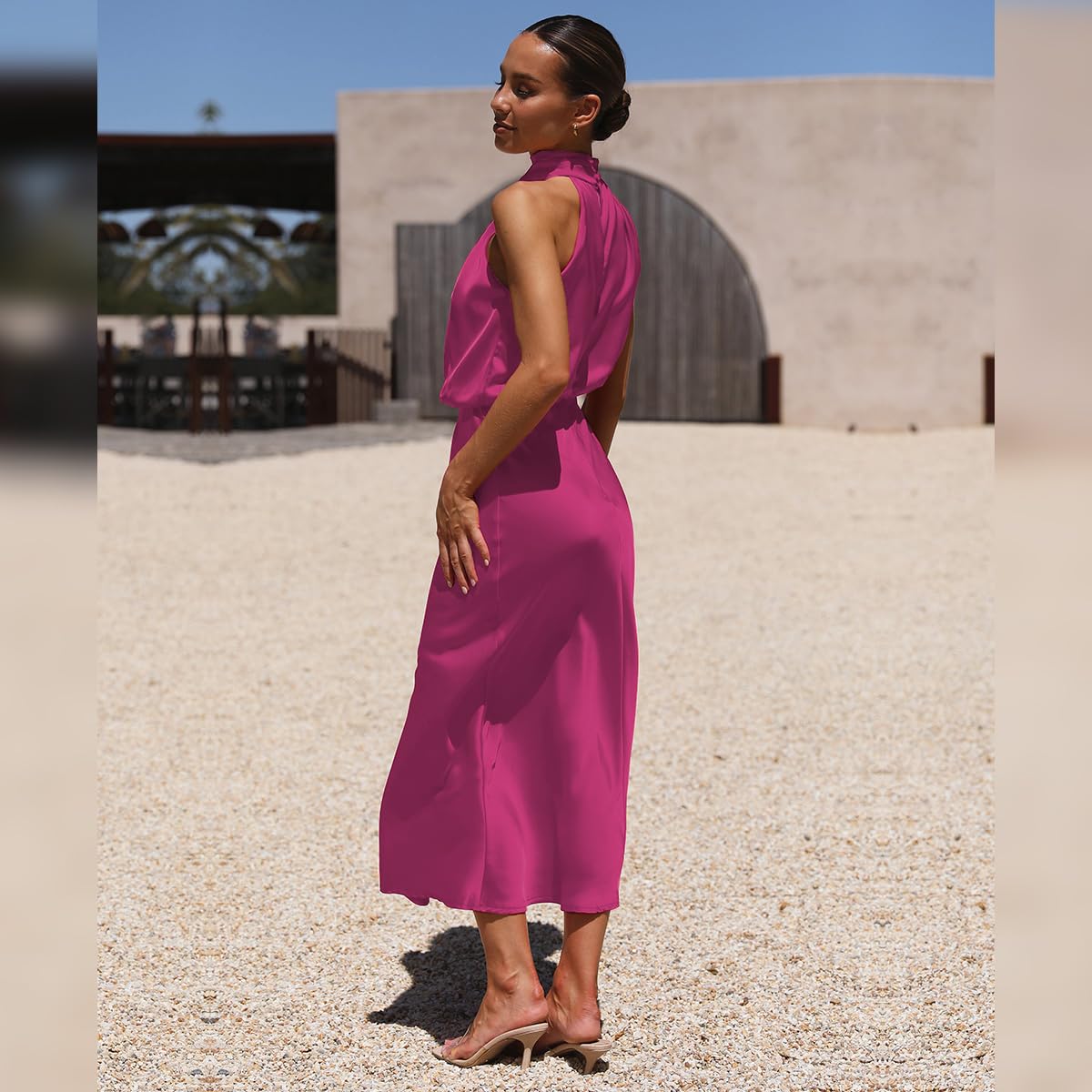 Odizli Damen Elegant Ärmellos Neckholder Satin Sommer Hochzeit Lang Abendkleider