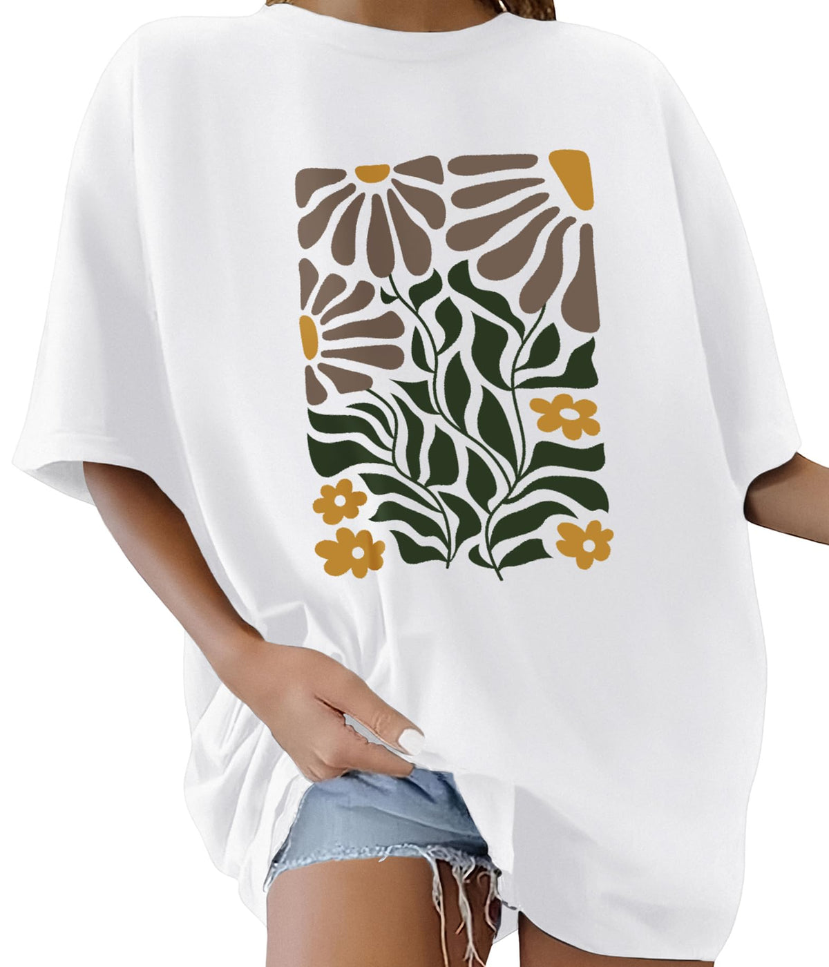 Lonya T Shirt Damen Oversized Vintage Rundhals Kurzarm 80er Jahre Brief Gedruckt Schleife Blumen Sonne Mond Muster Sommer Bluse Baumwolle Oberteile Tops Retro 80s Casual Lockere Basic Tee Shirt
