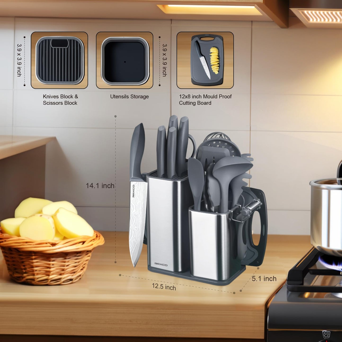 RAXCO Küchenmessersets Mit block,18 Teiligs Küchenutensilien Mit 5 Teiligs Messersets und 7 Teiligs Silikon Pfannenwender,Küchenhelfer sets, Schwarz