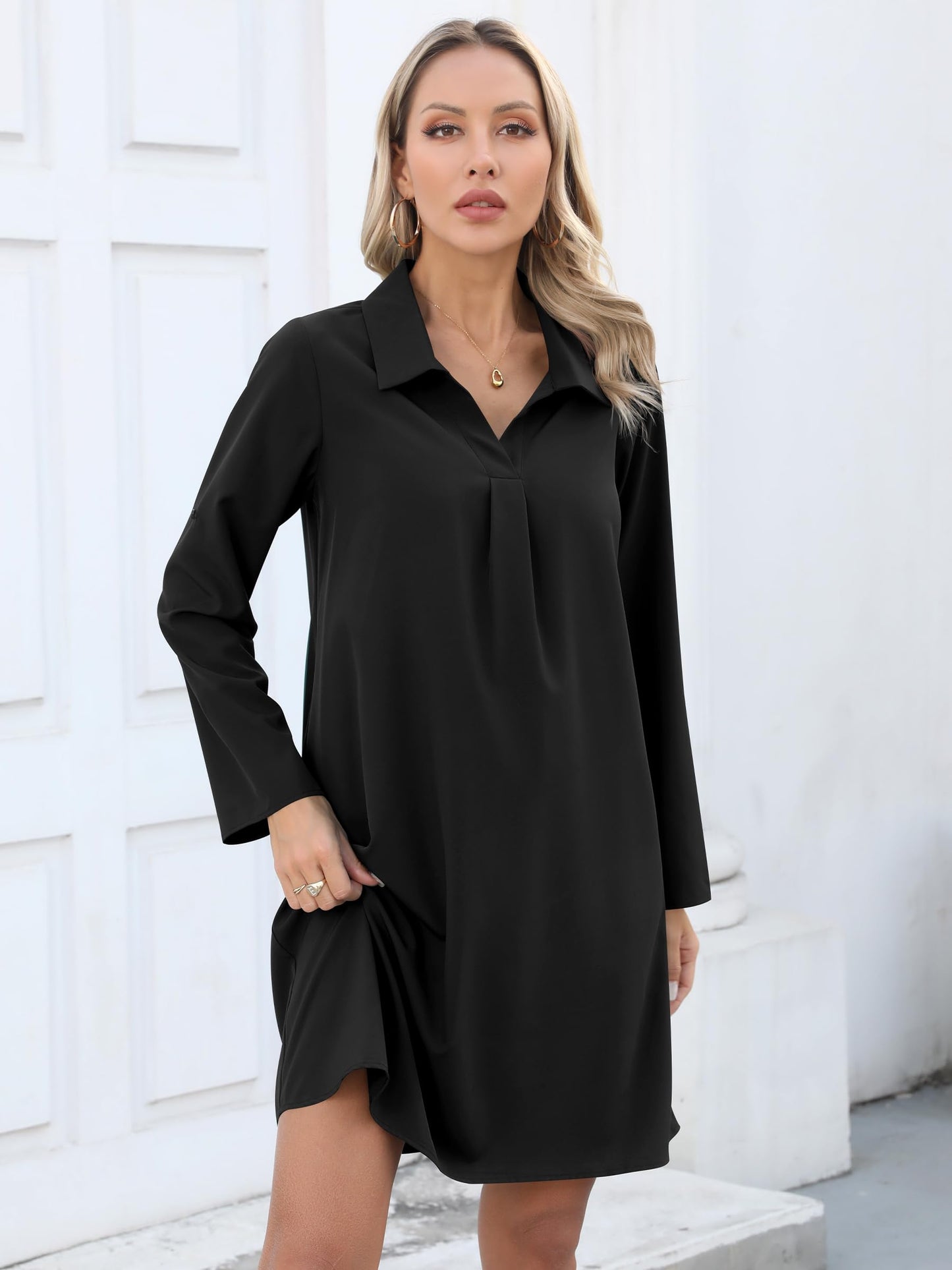 Missufe Damen Freizeit Blusenkleid Tunika Hemdkleid 3/4 Ärmel Locker Shirt Kurzes Kleid
