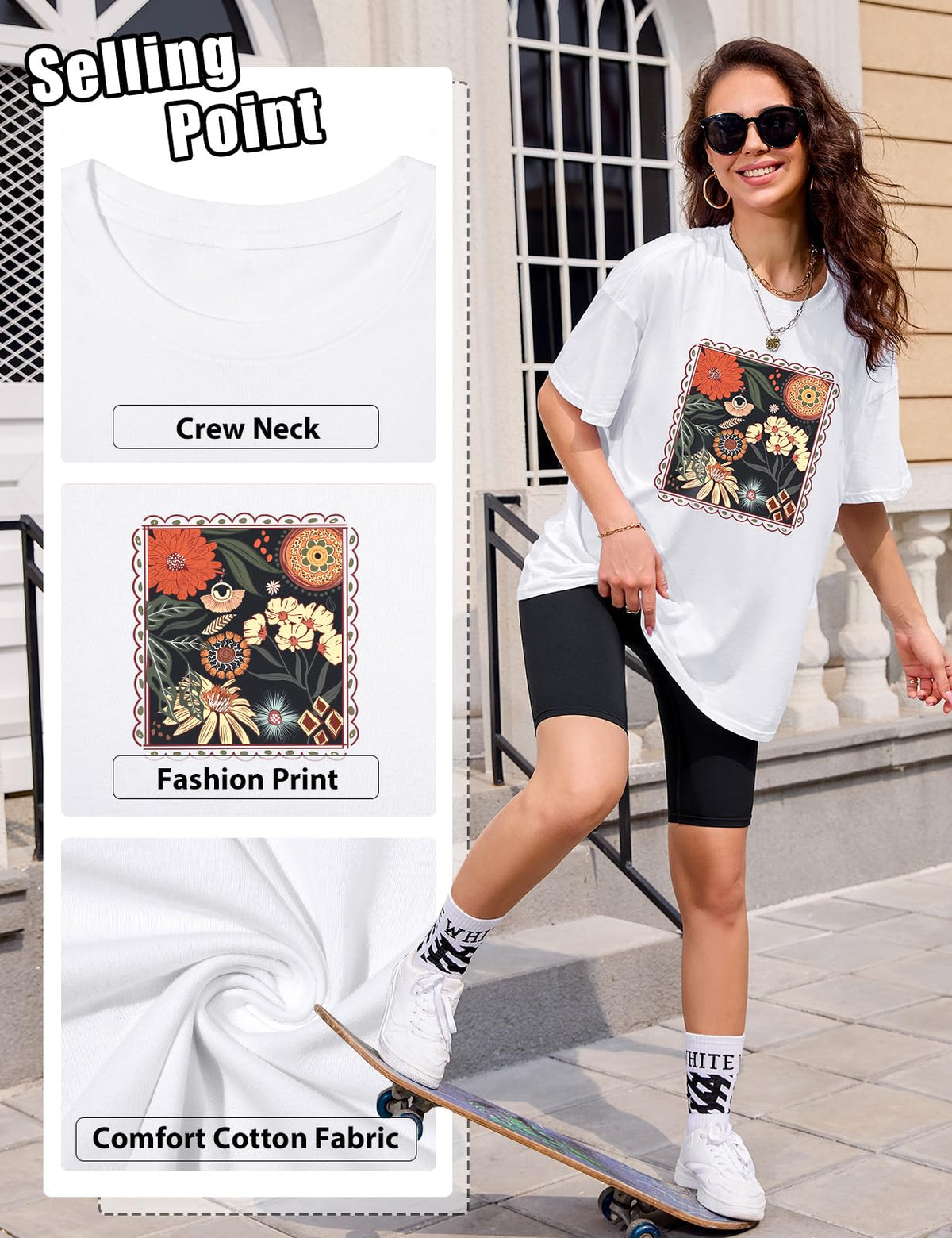 Lonya T Shirt Damen Oversized Vintage Rundhals Kurzarm 80er Jahre Brief Gedruckt Schleife Blumen Sonne Mond Muster Sommer Bluse Baumwolle Oberteile Tops Retro 80s Casual Lockere Basic Tee Shirt