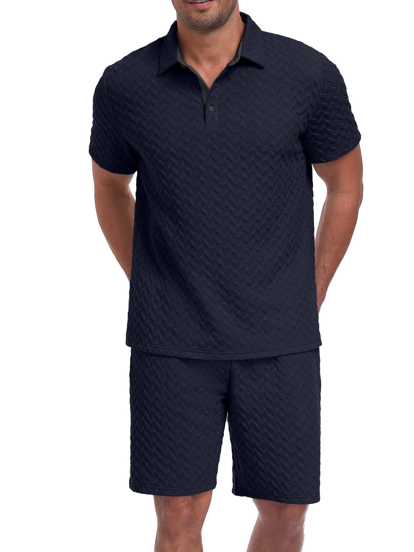 QIXING Herren Sommer Set 2 Teiler Polohemd und Shorts Set Herren Kurzarm Polo Shirt mit Strukturmuster Leichtes Freizeit Outfit für Urlaub Strand Reisen und Alltag