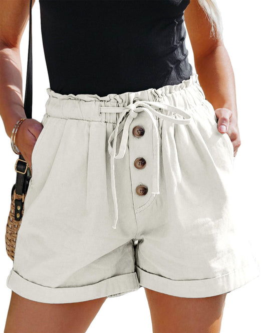 Damen Shorts Hohe Taille Paperbag Kurze Hose Lose A Linie Sommerhose mit Weiten Beinen