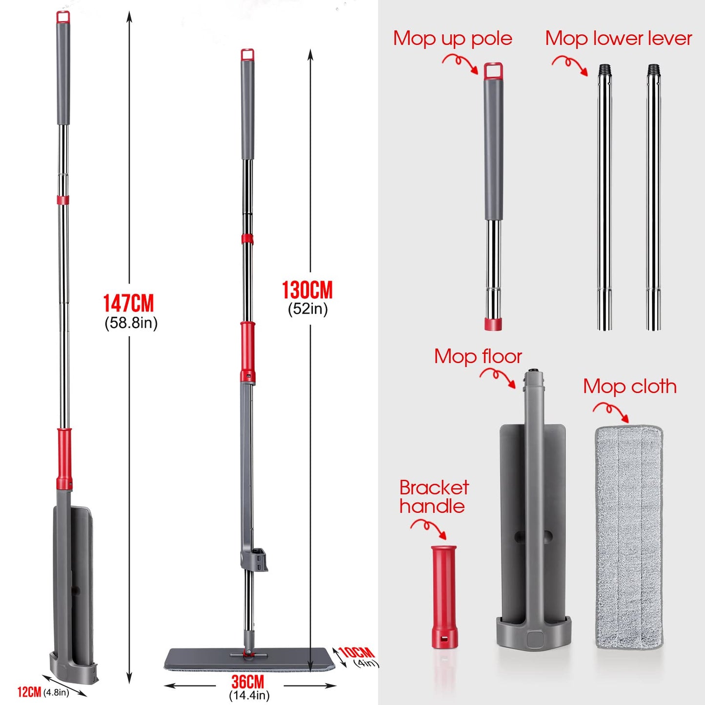 Masthome Wischmopp Bodenwischer Bodenreiniger,Mikrofaser Mopp mit 128cm Teleskopstiel,Wischer Boden Flachmopp mit 4 Moppads für Hartholz,Laminat,Fliesen,Marmor,Send Scraping Dust