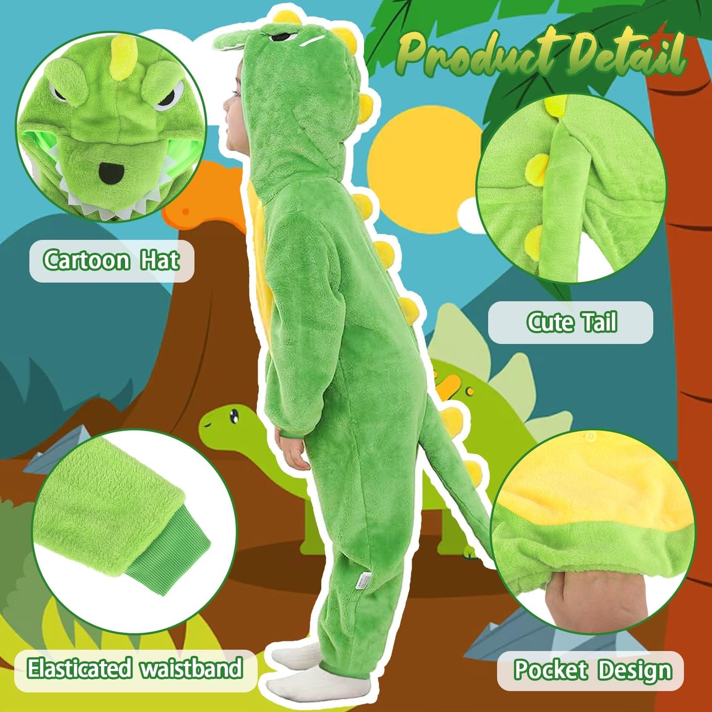 Dino Onesie Kinder Dinosaurier Kostüm Pyjamas Schlafanzug Jumpsuit mit Kapuze- Tier Schlafoverall Kleidung Outfit Drachen Flanell Sleepwear Overall für Mädchen Jungen Halloween Karneval Cosplay Party