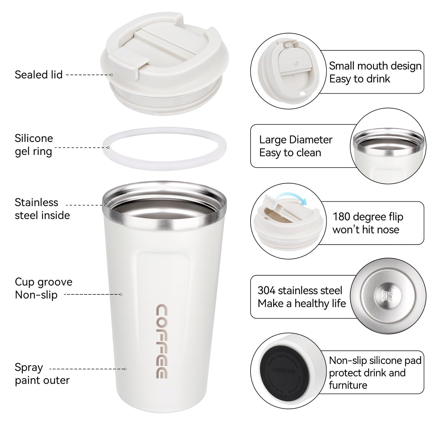 ERBO Kaffeebecher to go, Thermobecher Edelsthal, Auslaufsicher Kaffeetasse Kaffeebecher mit Deckel, Kaffeetasse Thermobecher für Unterwegs Umweltfreundlich, Weiß 380ml