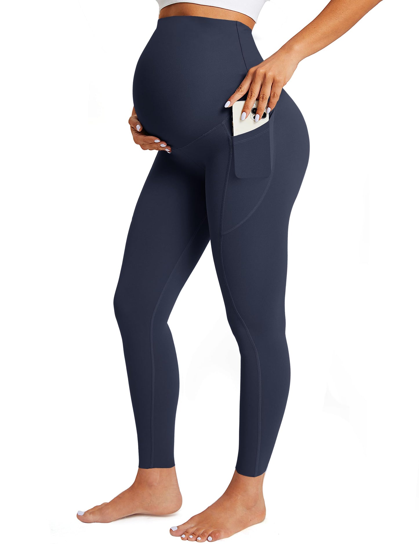 BAYDI Damen Umstandsleggings mit Taschen Blickdichte Lange Schwangerschaftsleggings High Waist Umstandshose Damen Weich elastisch Schwangerschaftshose