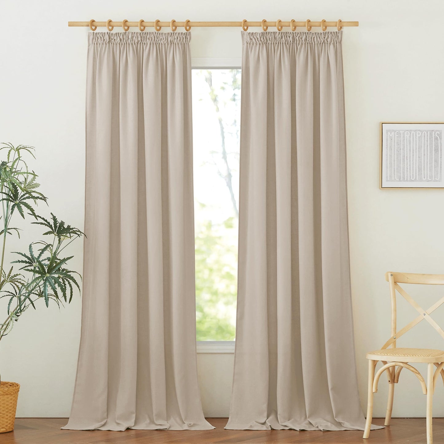 PONY DANCE Leinenvorhang Kräuselband Wohnzimmer Vorhänge Boho 2er Set H 245 x B 140 cm Leinen Gardinen für Schienensystem Leinenoptik Vorhänge Halbtransparent Linen Curtains Living Room, Beige