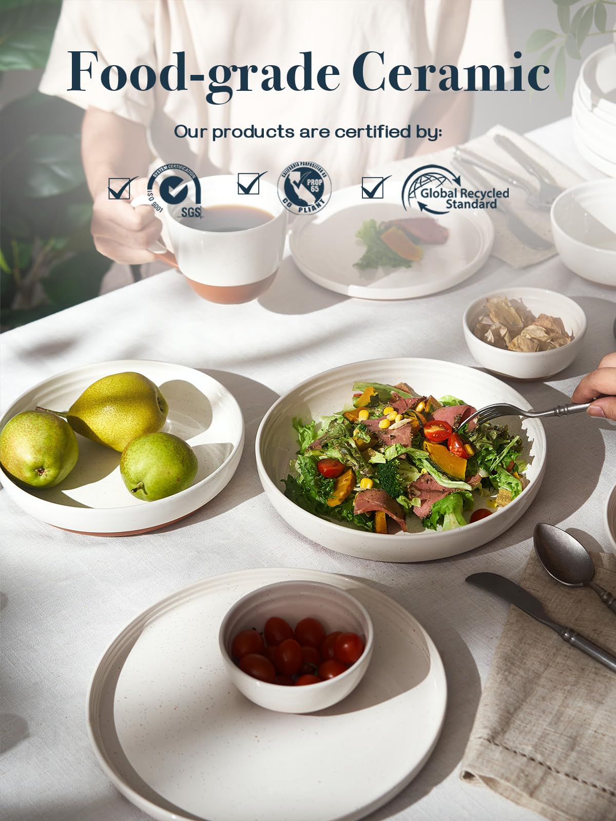 DOWAN Steingut Dessert Teller Set,Tellerset Keramik-6 Personen,21cm Speiseteller Porzellan,Essteller,Steinzeug Geschirrteller,Flache Frühstückstelle teller para Salat,Pasta,Vanille-Weiß