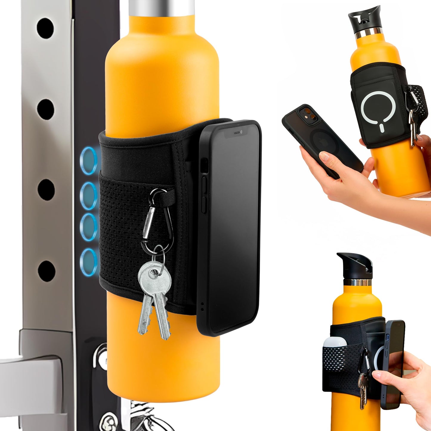 MagnetFit Gym Water Bottle Case with Magnets - Compatible with Apple MagSafe - Bag for AirPods and Keys - Shaker for Protein and 1L Bottle - Record Your Workout