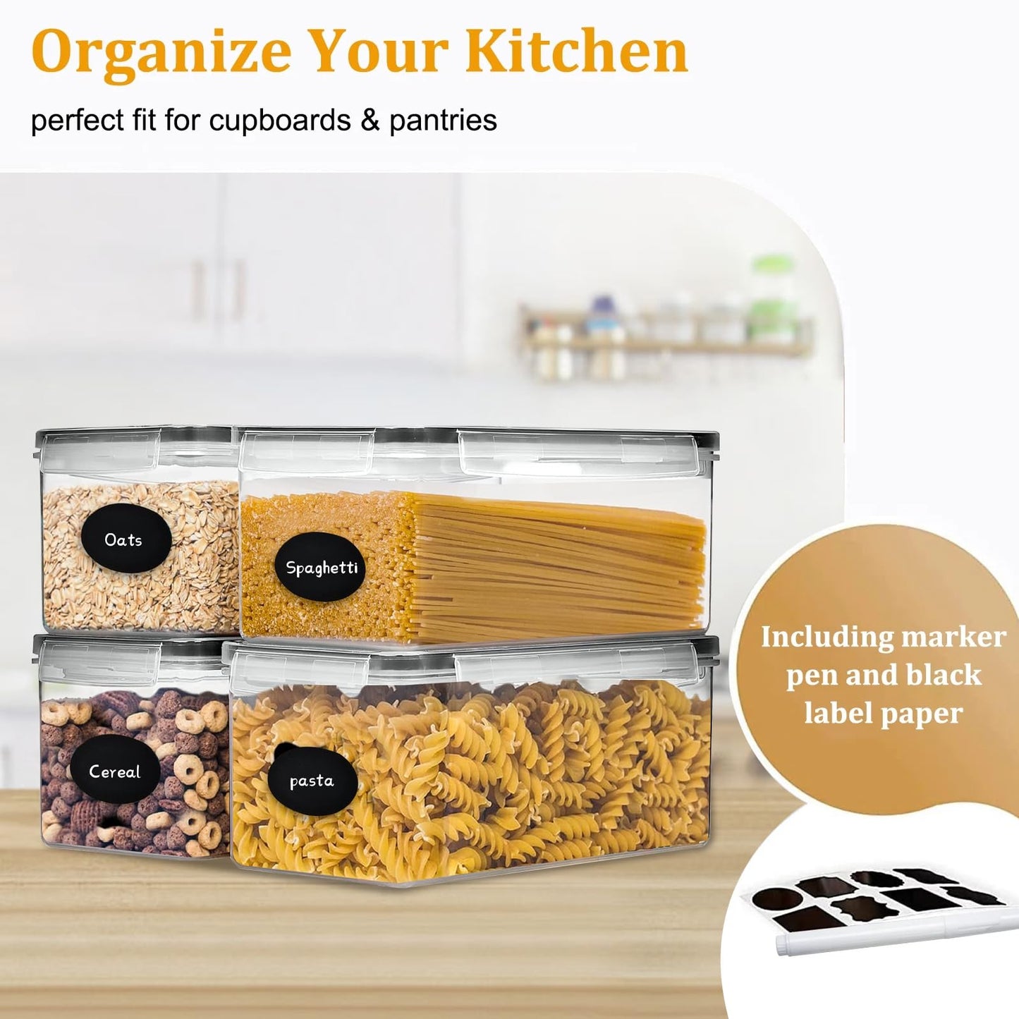 stusgo 24 Airtight Food Storage Containers with Lids Plastic Containers for Kitchen and Organization Cereal Flour and Sugar BPA Free Includes Spoon, Labels and a Pen