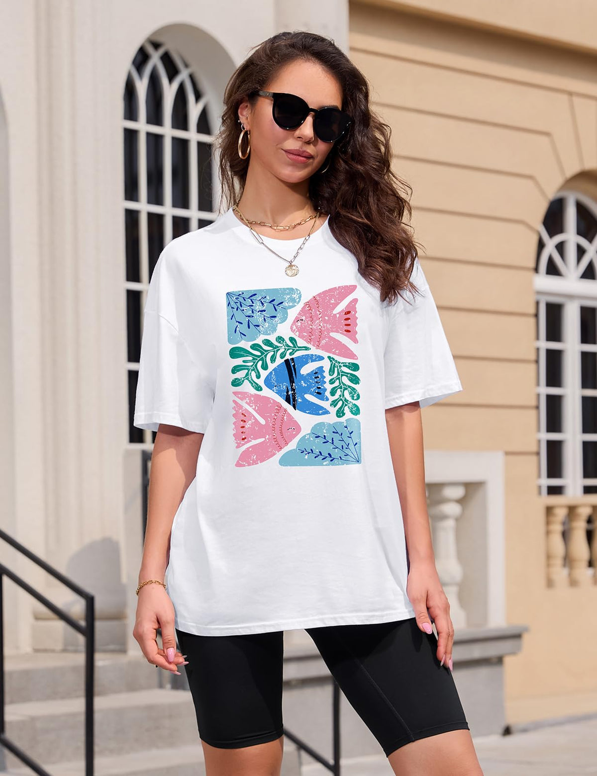 Lonya T Shirt Damen Oversized Vintage Rundhals Kurzarm 80er Jahre Brief Gedruckt Schleife Blumen Sonne Mond Muster Sommer Bluse Baumwolle Oberteile Tops Retro 80s Casual Lockere Basic Tee Shirt