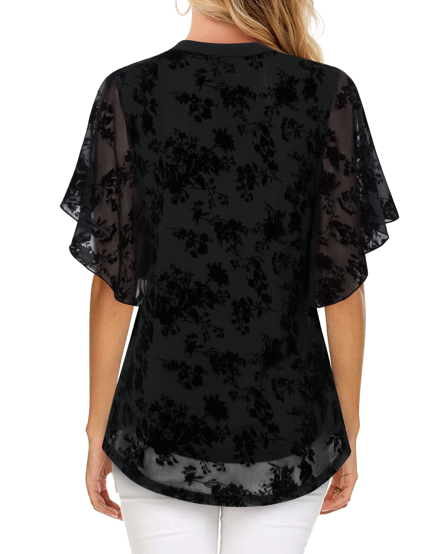 Vafoly Bluse Damen Elegant Kurzarm Sommer Tunika V-Ausschnitt Mesh Oberteil Blumen Doppellagige Tunika