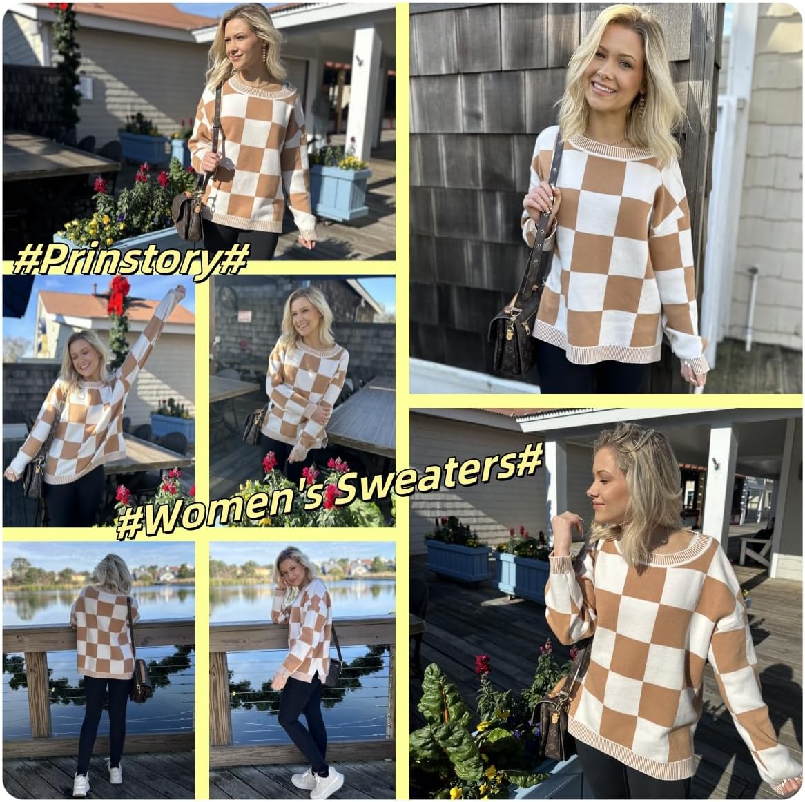 PrinStory Pullover Damen Strickpullover Langarm Rundhals Elegant Lässig Sweatshirt Warm Damen Winter Pullis Strickwaren