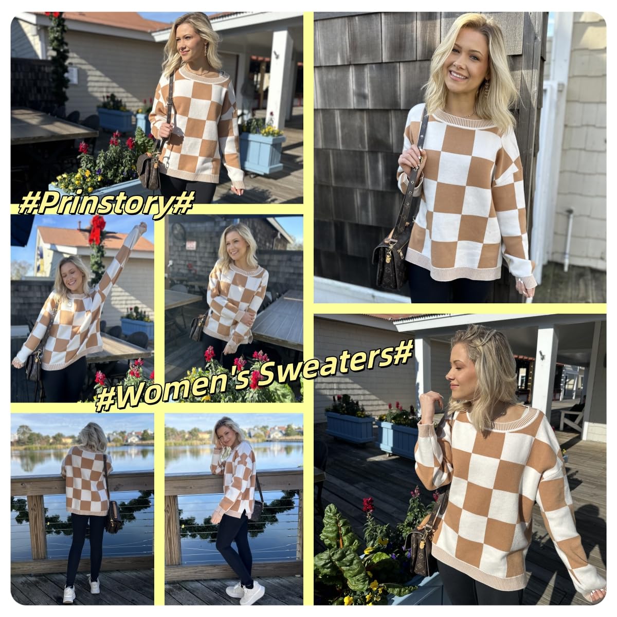 PrinStory Pullover Damen Strickpullover Langarm Rundhals Elegant Lässig Sweatshirt Warm Damen Winter Pullis Strickwaren