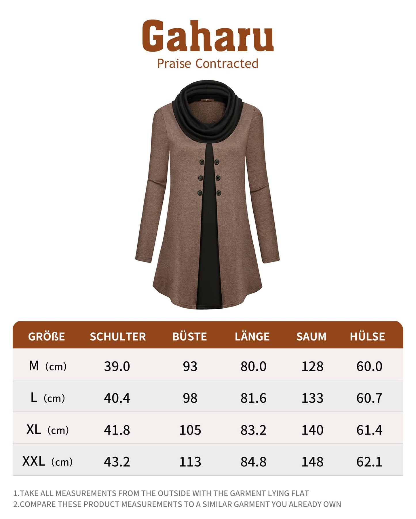 Gaharu Damen Tunika Langarm Elegant Pullover Lang Sweatshirt Schalkragen Patchwork Pulli