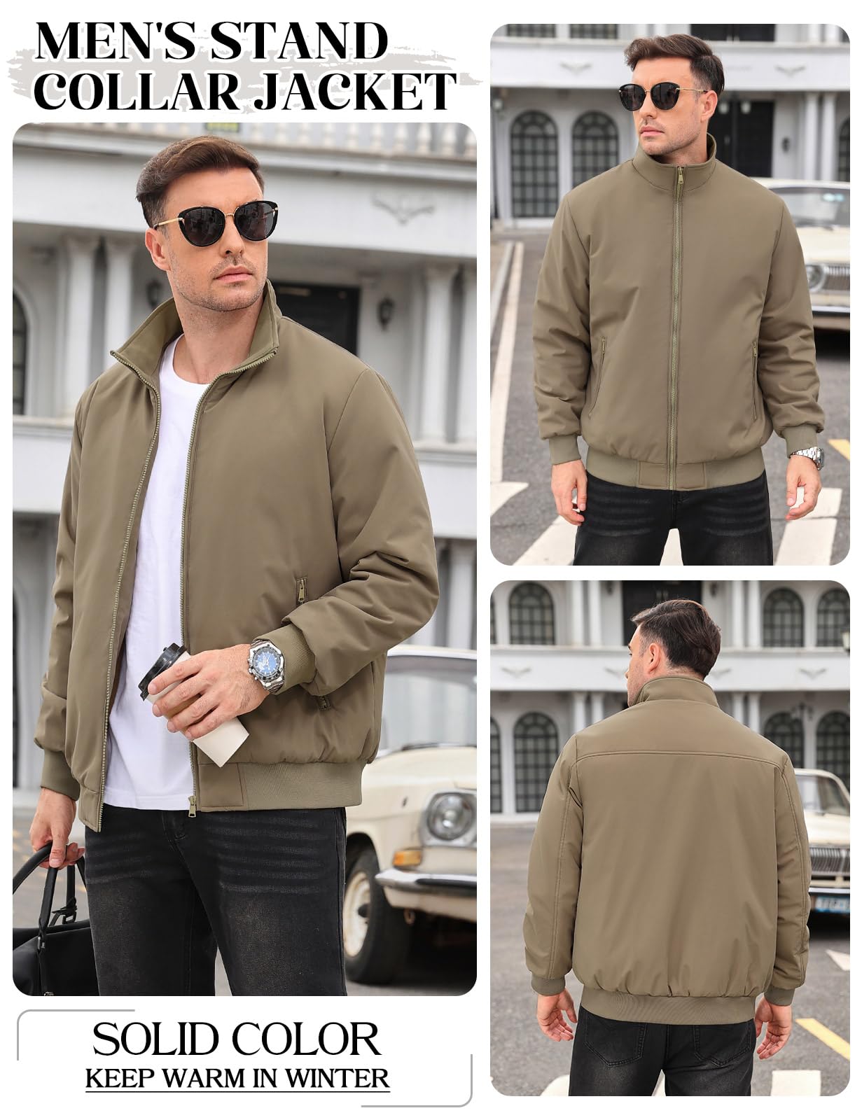 Lonya Men's Fleece Winter Windproof Bomber Jacket Full Zip Transition Jacket Flight Jacket Autumn Warm Padded Stand-Up Collar Coats Jackets