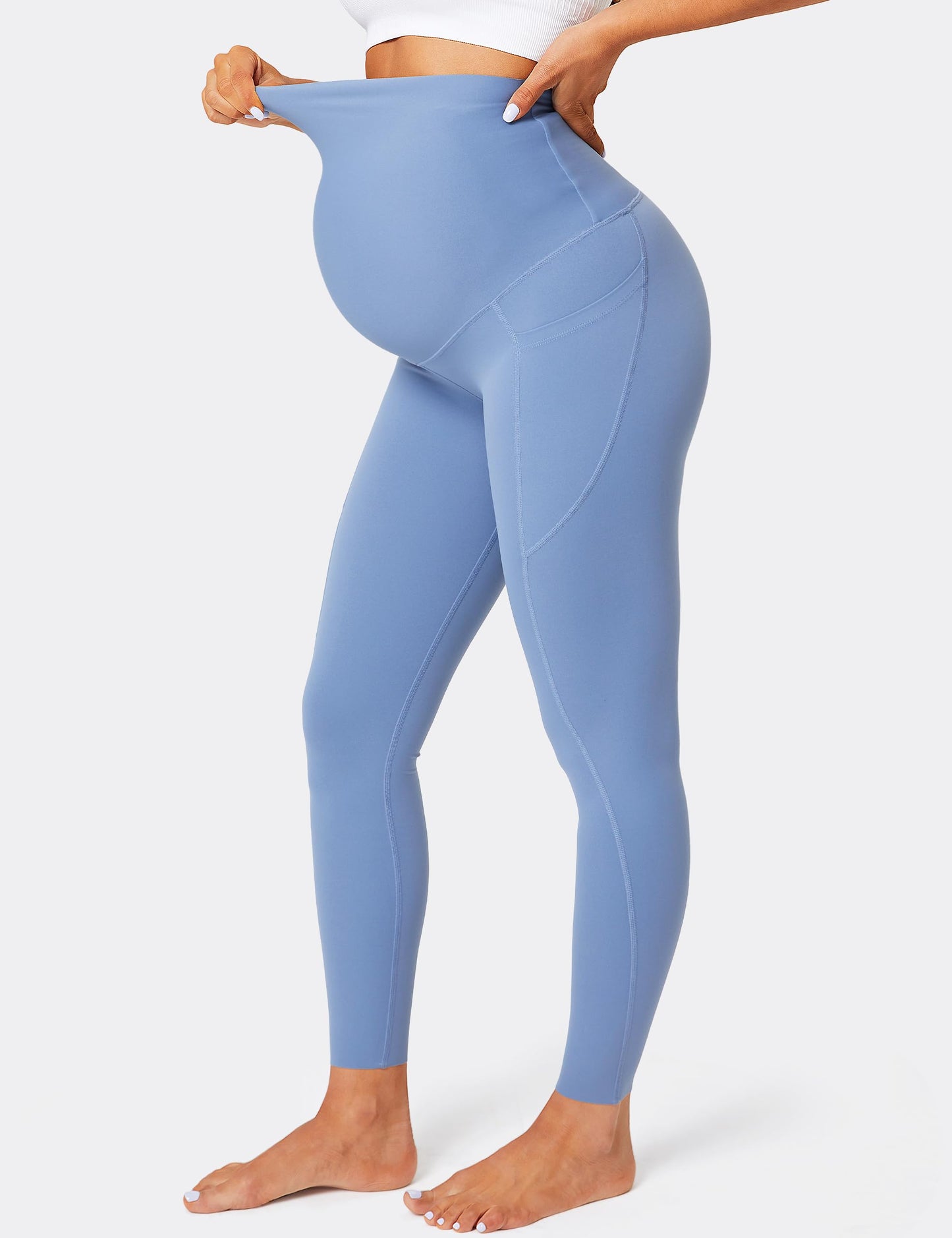BAYDI Damen Umstandsleggings mit Taschen Blickdichte Lange Schwangerschaftsleggings High Waist Umstandshose Damen Weich elastisch Schwangerschaftshose
