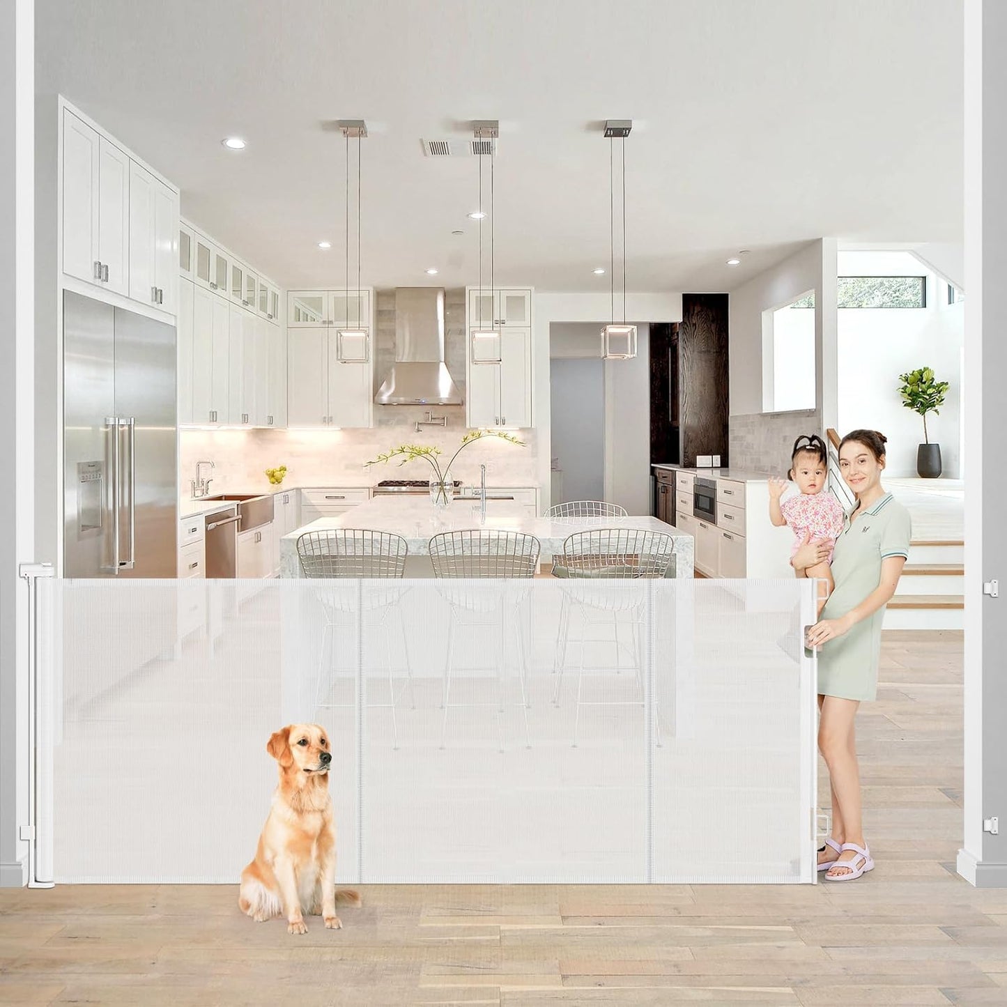 Retractable Stair Safety Gate for Babies, 0-150 cm Wide, Baby Barrier, Cat and Dog Barrier, One-Handed Operation, Suitable for Indoor & Outdoor Use (150 cm, Black)