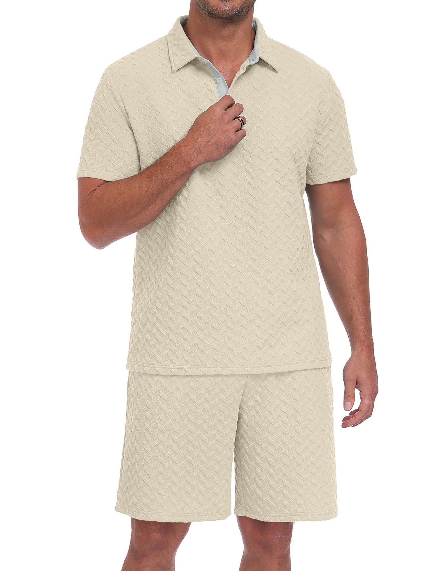QIXING Herren Sommer Set 2 Teiler Polohemd und Shorts Set Herren Kurzarm Polo Shirt mit Strukturmuster Leichtes Freizeit Outfit für Urlaub Strand Reisen und Alltag