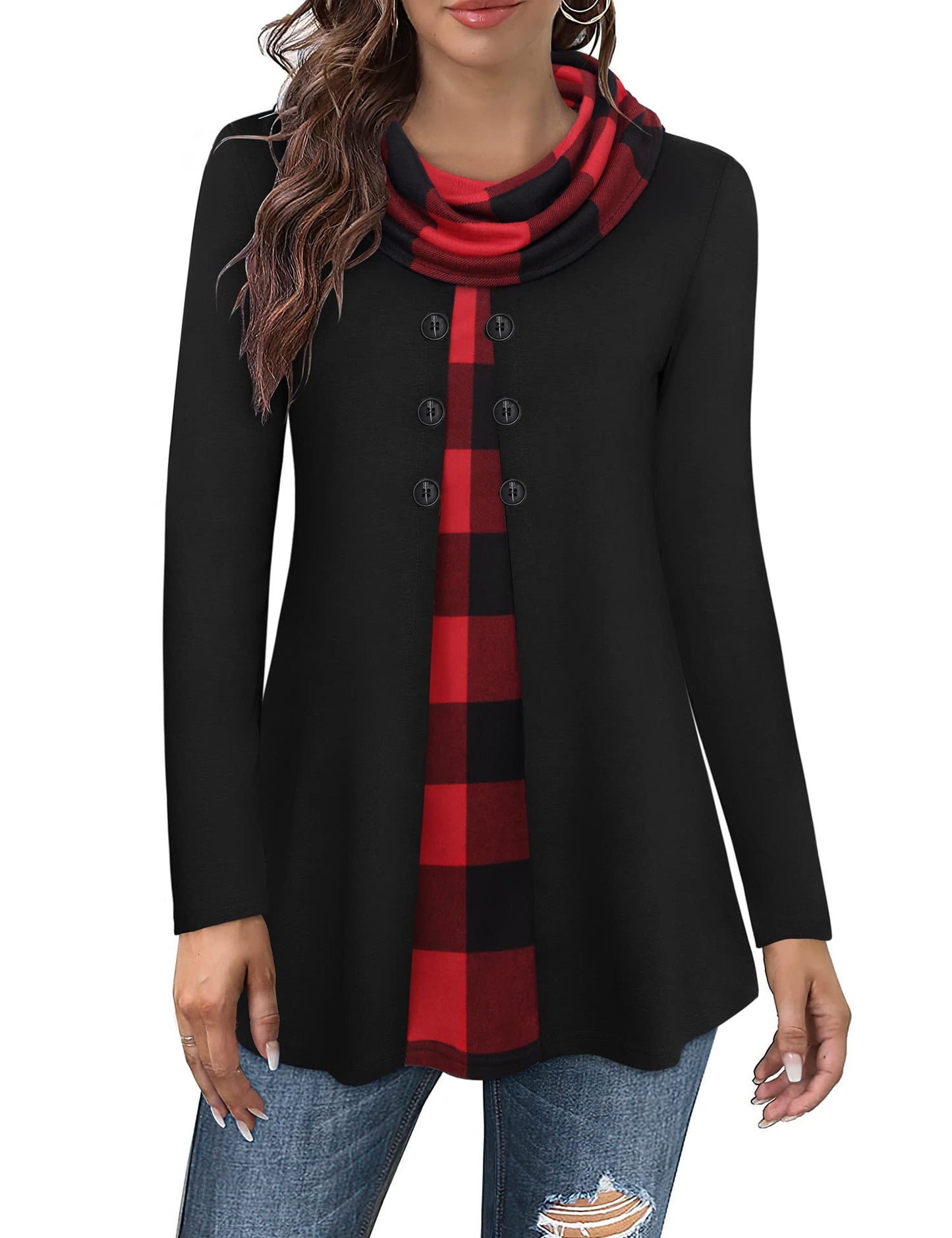 Gaharu Damen Tunika Langarm Elegant Pullover Lang Sweatshirt Schalkragen Patchwork Pulli