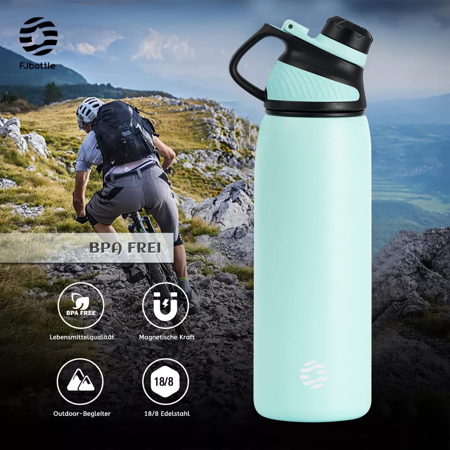 Fjbottle Edelstahl Trinkflasche Sport mit Magnetischem Deckel 1L, 800ml, 600ml, 400ml BPA-Frei Auslaufsichere Kinder Flasche - Kohlensäure geeignet 1500ML Wasserflasche Thermo für Schule, Fitness