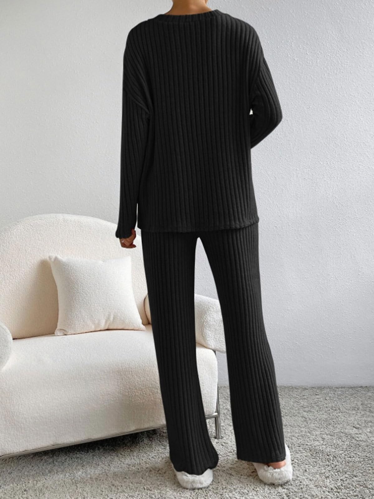 CheChury Zweiteiler Damen Lounge Set V-Ausschnitt Einfarbig Loungewear Gerippt Shirt Top Langärm mit Hose 2-Teiliges Hausanzug Jogginganzug Loungewear Nachtwäsche Hauskleidung Freizeit Outfit